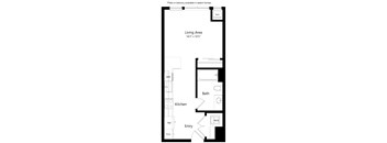 A floor plan of a home with a living area, kitchen, bath, and entry.