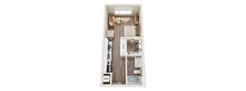 A small apartment with a bedroom, bathroom, and kitchen.