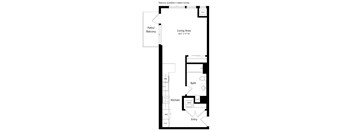 A floor plan of a home with a living area, kitchen, bath, and entry.