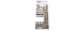 A floor plan of a small apartment with a bedroom, living room, and bathroom.