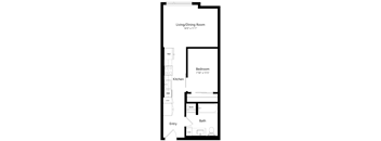 A floor plan of a small apartment with a living/dining room, kitchen, bedroom, and bathroom.
