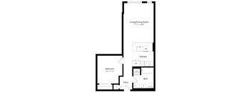 A floor plan of a small apartment with a bedroom, kitchen, bathroom, and entry.