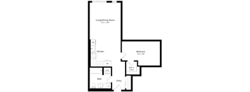 A floor plan of a small apartment with a living/dining room, kitchen, bath, and bedroom.
