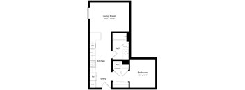 A floor plan of a small apartment with a living room, kitchen, bath, bedroom and entry.
