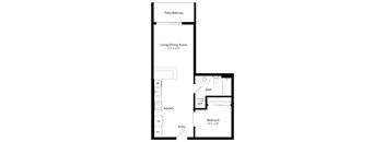 a floor plan of a living room with a bedroom and a bathroom