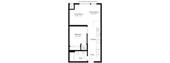 A floor plan of a home with a living room, dining room, kitchen, bathroom, bedroom and entry.