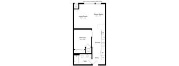 A floor plan of a home with a living room, dining room, kitchen, bedroom, bathroom, and entry.