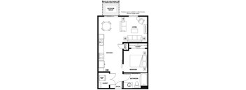 A floor plan of a house with labeled rooms such as kitchen, living room, and bathroom.