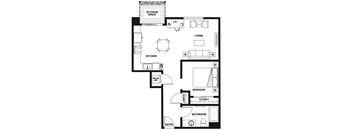A black and white floor plan of a house with an outdoor space.