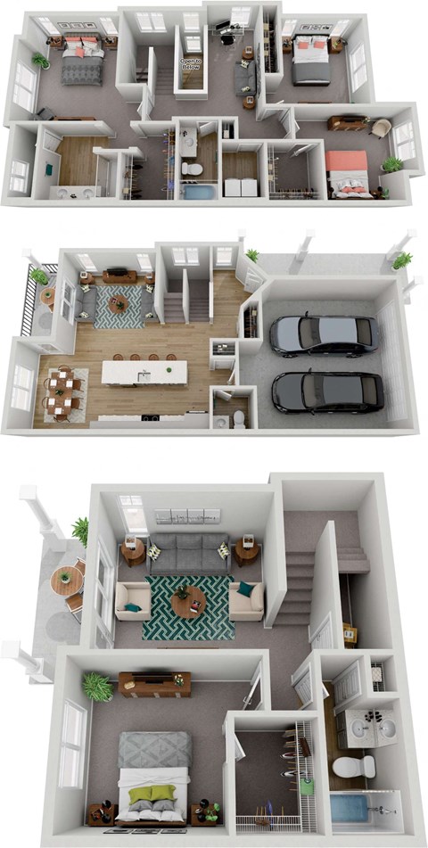 a 3d rendering of the house showing the living room and bedroom