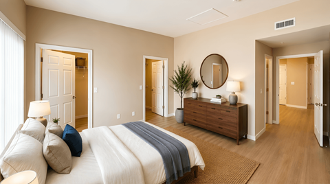 A bedroom with a large bed and a wooden dresser.