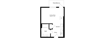 A floor plan of a small apartment with a living area, kitchen, bathroom, and entry.