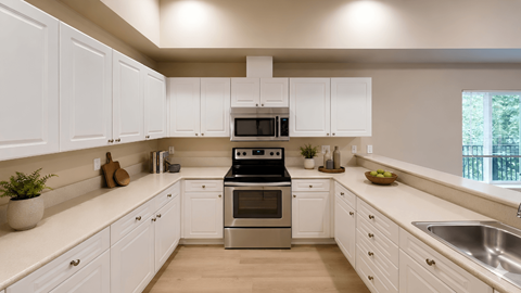 A kitchen with white cabinets and a stainless steel stove.