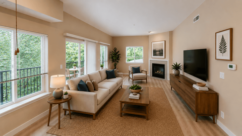 A living room with a white couch, a coffee table, a television, and a fireplace.
