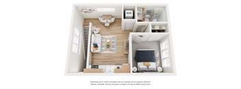 A floor plan of a one-bedroom apartment with a living room, kitchen, and bathroom.