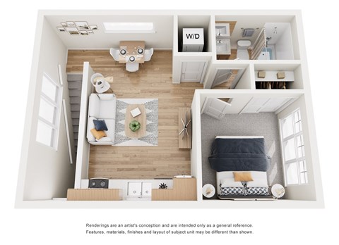 A floor plan of a one-bedroom apartment with a living room, kitchen, and bathroom.