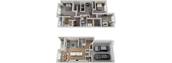 a stylized floor plan of a two bedroom apartment with two bathrooms and a balcony
