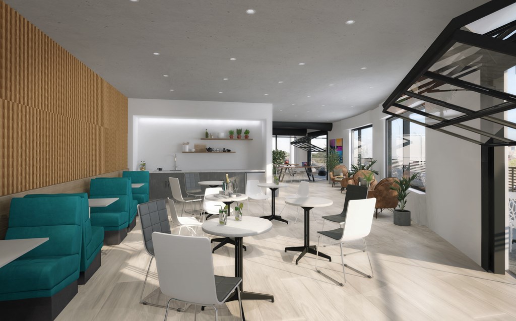 a rendering of a restaurant and lounge area with blue and white chairs and tables