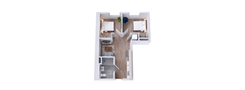 A top view of a room with a bed, a couch, a table, and a potted plant.
