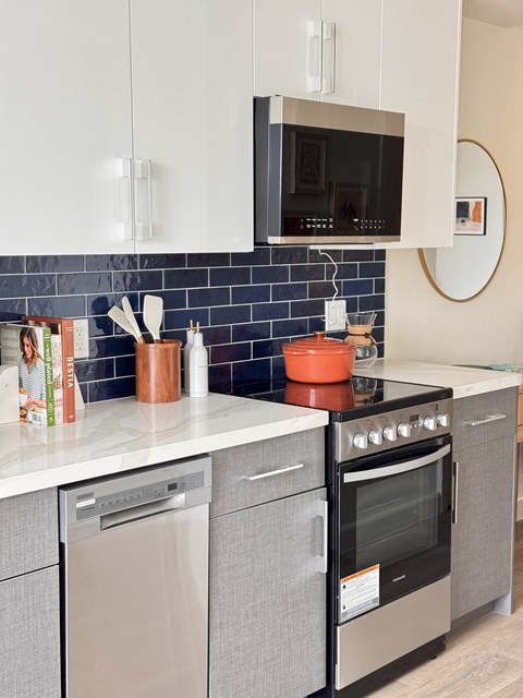 A modern kitchen with a stainless steel dishwasher and oven.