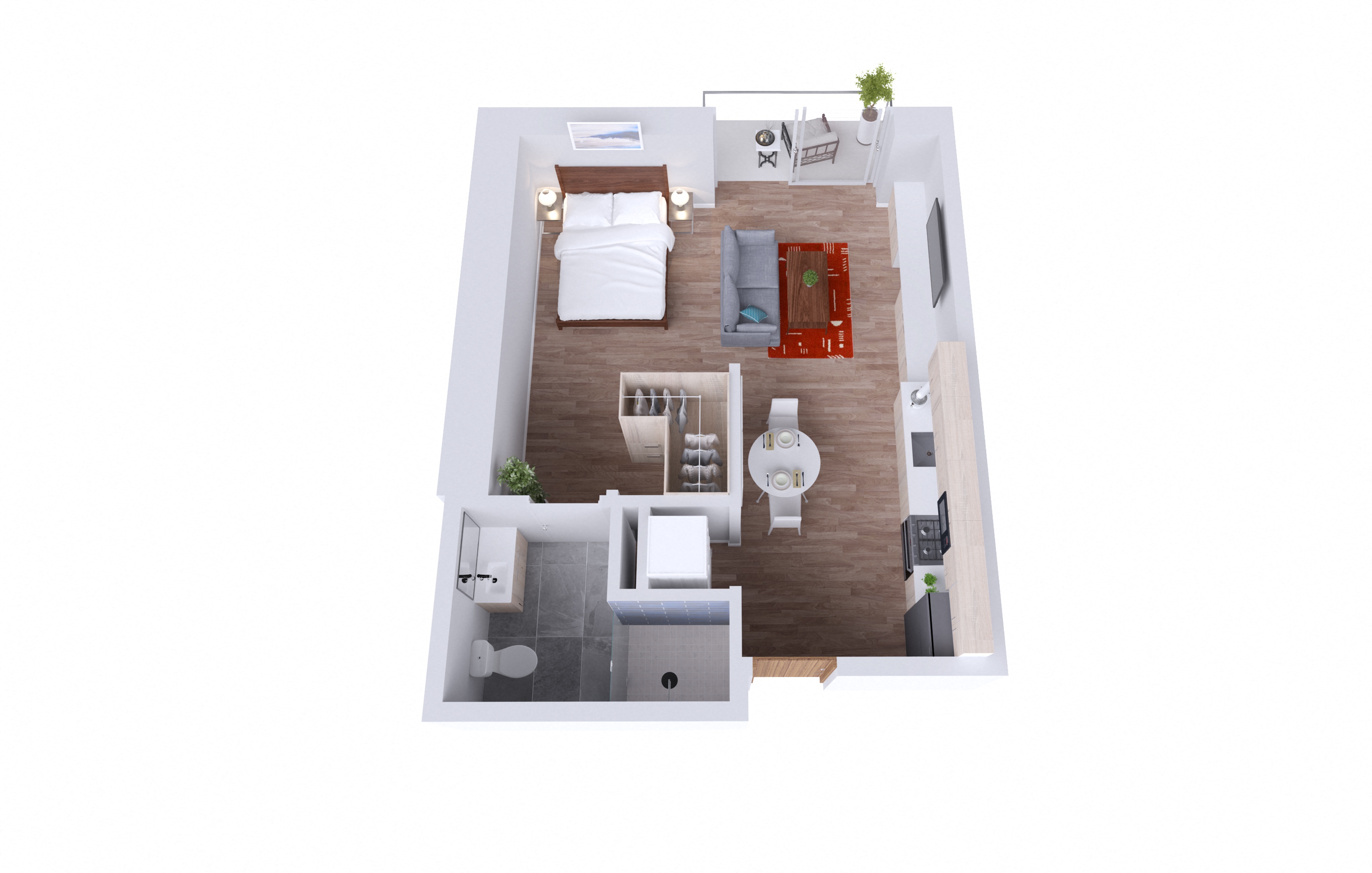 a bedroom with a bed a mirror a sink and a toilet