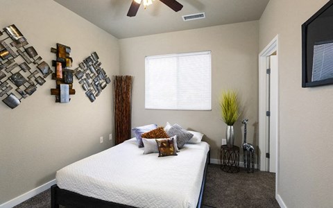a bedroom with a bed and a ceiling fan