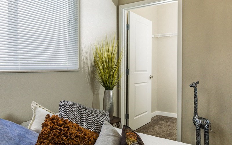 a bedroom with a bed and a door to a closet