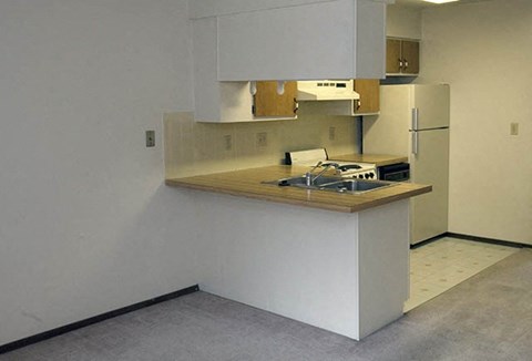 an empty kitchen with a stove and a sink