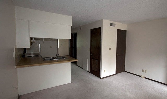 an empty kitchen with white cabinets and a sink