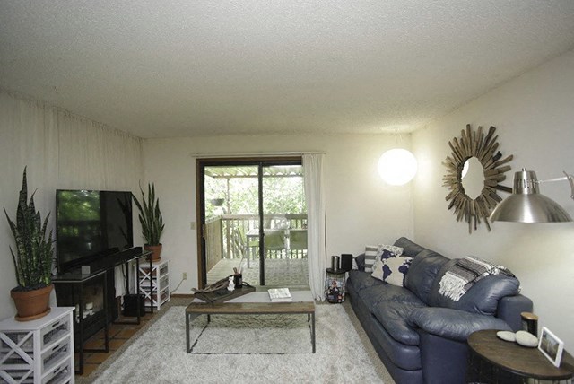a living room with a blue couch and a sliding glass door