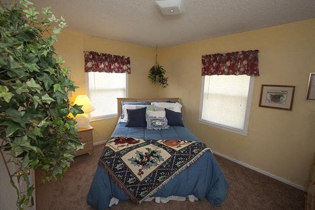 a bedroom with a bed and a potted plant