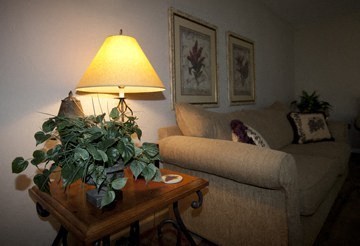 a living room with a couch and a table with a lamp