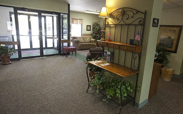 a living room with a table with a plant