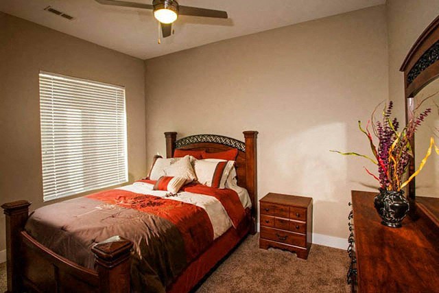 a bedroom with a bed and a ceiling fan