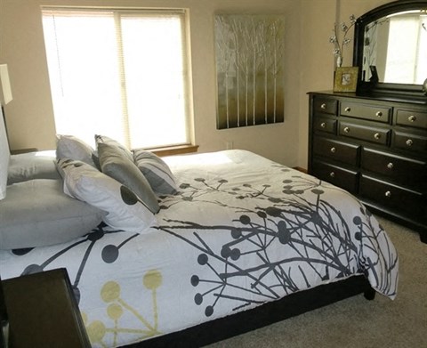 a bedroom with a bed and a dresser