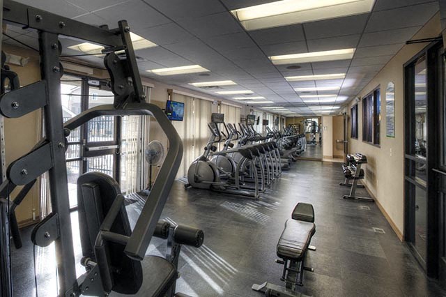 a gym with a row of exercise machines in it