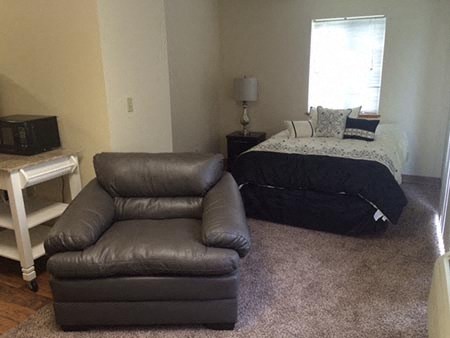 a living room with a couch and a bed