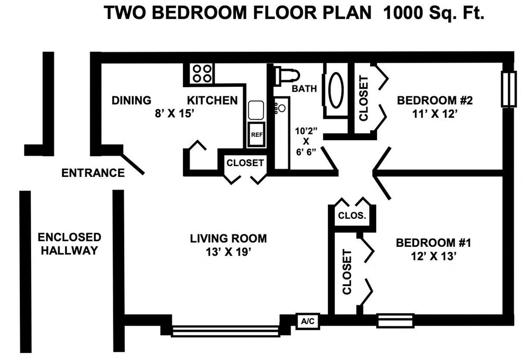 a floor plan of a two bedroom floor plan with two bedrooms and a living room