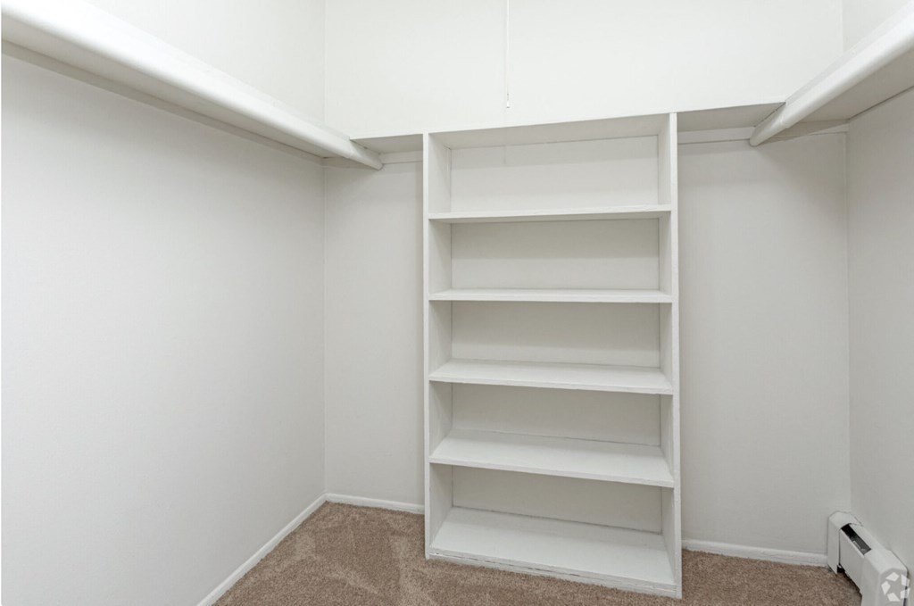 a room with white shelves and a white wall