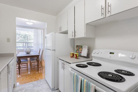 a kitchen with a stove and a refrigerator and a table