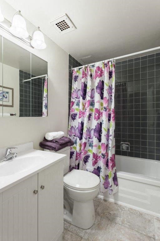a bathroom with a shower curtain and a toilet and a sink