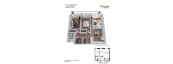 A floor plan of an apartment with a kitchen, living room, and two bedrooms.