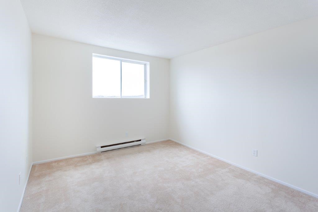 an empty room with a window and carpet