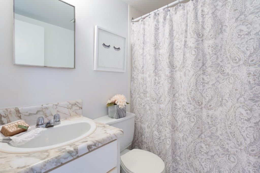 a white bathroom with a shower curtain and a sink