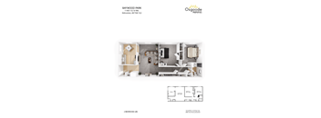 A floor plan and an overhead view of a 2 bedroom apartment.