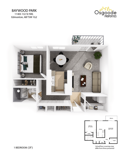 A floor plan for a 1 bedroom apartment in Baywood Park.