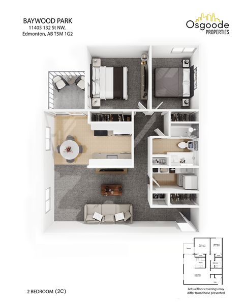 A floor plan of a 2 bedroom apartment at Baywood Park.