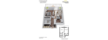 A floor plan for a one bedroom apartment with a living room, kitchen, and bathroom.