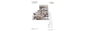 A floor plan of an apartment with 3 bedrooms and 2 bathrooms.
