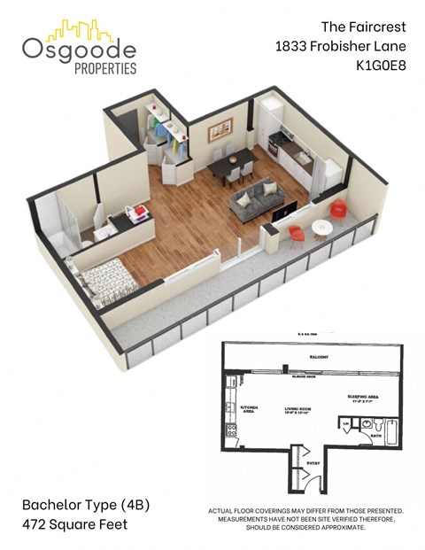 A floor plan for a Bachelor Type (4B) apartment at The Faircrest, 1833 Frobisher Lane K1G0E8.